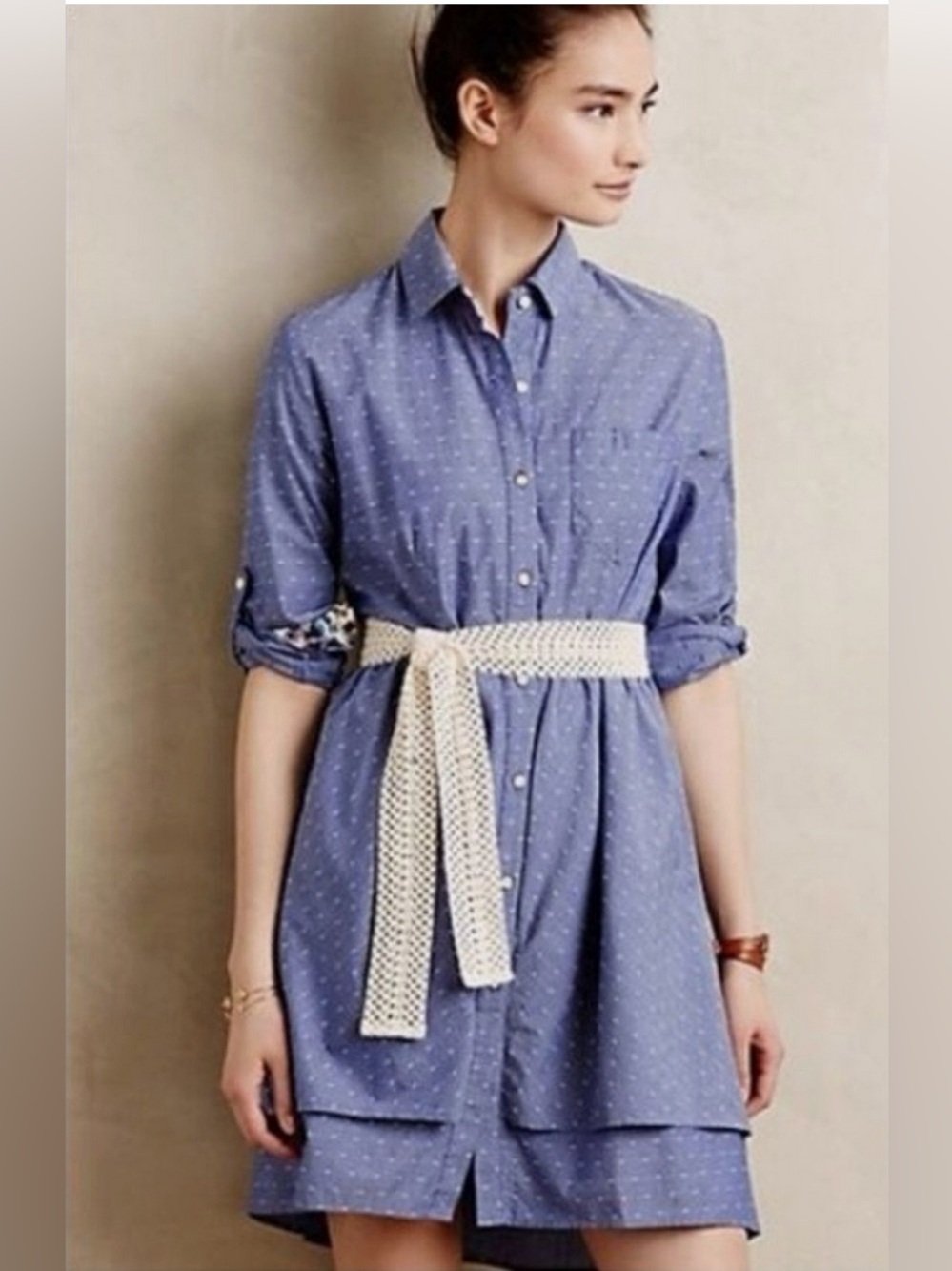 Anthropologie Chambray Polka Dot Shirt Dress with Crochet Belt